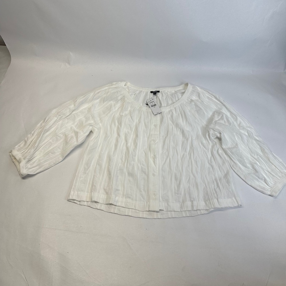 Express‎ White Textured Dobby Button Front Blouse 3/4 Balloon Sleeve Medium NWT